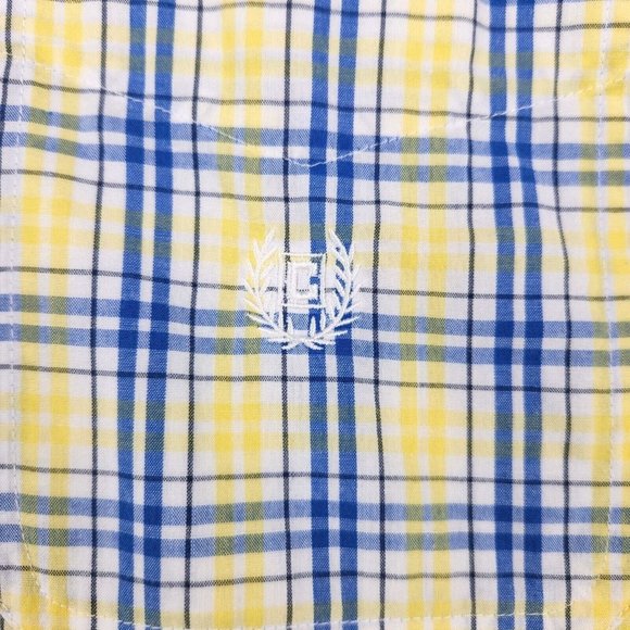 Chaps Men's Button Down Collared Shirt Size Large Short-Sleeve Plaid Blue Yellow - Picture 2 of 9